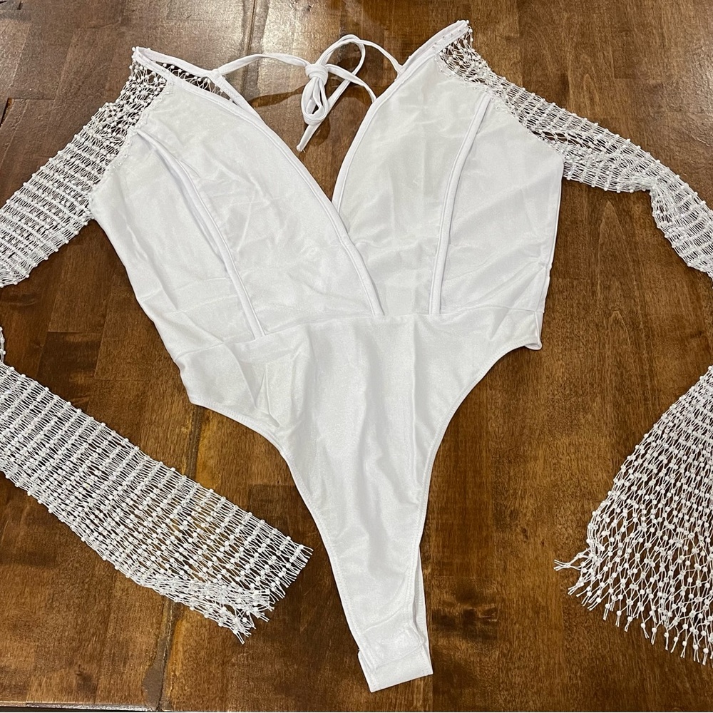 White BodySuit with Sparkle Sleeves